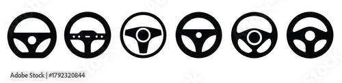 Car Steering Wheel Icons Set – Silhouette and Line Style Symbols for Vehicle Interface and UI Design