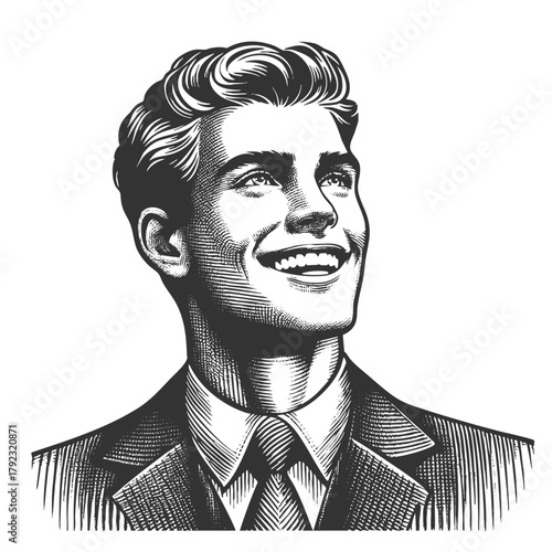smiling businessman in a suit and red tie sketch engraving generative ai fictional character vector illustration. Scratch board imitation. Black and white image.