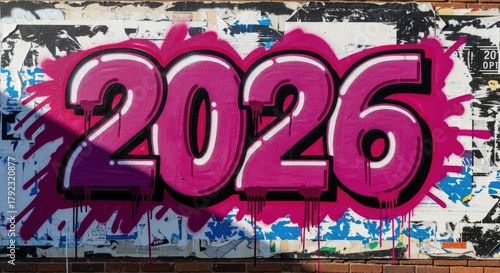Edgy Graffiti 2026 Stylized Street Art on Weathered Brick Wall with Layered Blue Posters