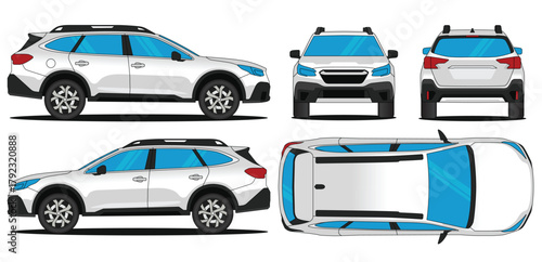 Wagon car vector. Car mockup illustration of a crossover outback. Isolated on white background, With side, front, rear and top views