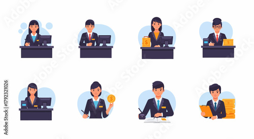 Eight illustrated bank tellers or customer service staff at desks