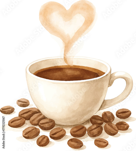 Savoring a warm cup of coffee with aromatic steam forming a loving heart, surrounded by rich roasted beans, a perfect morning embrace
