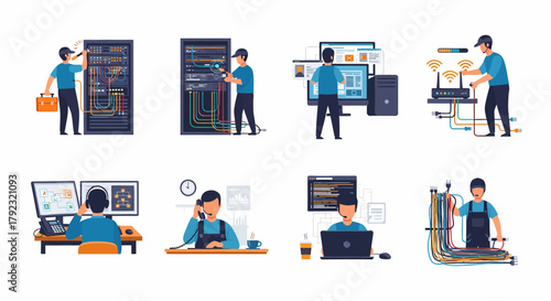Eight flatdesign icons depicting IT support network maintenance and data management tasks