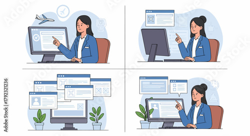 Four panels show a businesswoman interacting with computer screens and digital interfaces
