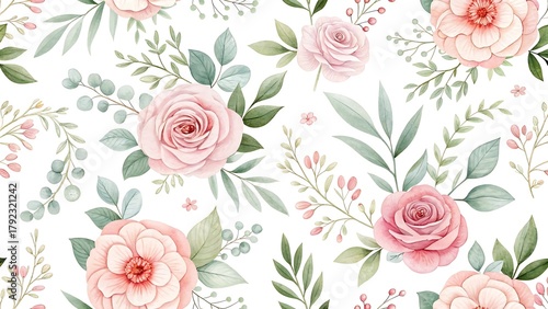 Seamless watercolor pattern of pink roses and greenery