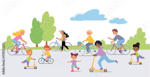 People Ride Bicycle and Scooter in Park Vector Illustration