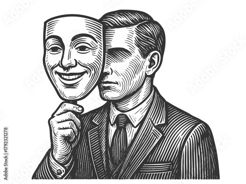 man in a suit holding a smiling mask, symbolizing hidden feelings or emotional facade sketch engraving generative ai fictional character vector illustration. Scratch board imitation. Black and white.