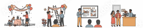 Four scenes depicting office events party prep presentation and reception area