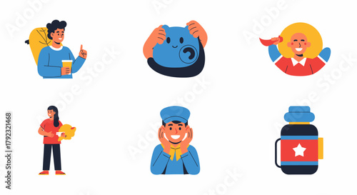 Six flatstyle illustrations featuring people a mascot and a bottle