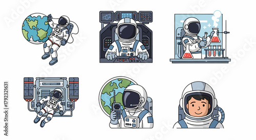 Six illustrated vignettes depicting astronauts engaged in various space and science activities