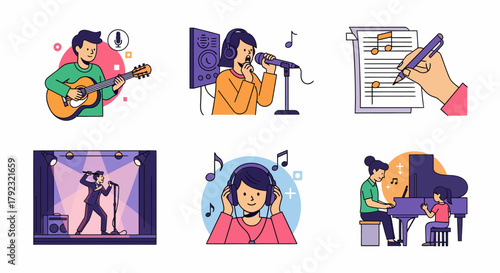 Six illustrations depicting musical activities guitar playing singing composing performing listening and piano lessons