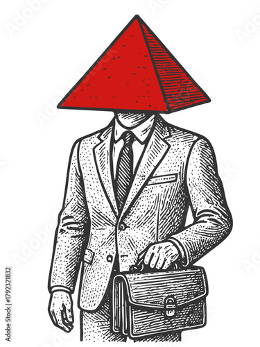 man in a suit holding a briefcase with a red pyramid replacing his head, abstract thinking sketch engraving generative ai fictional character vector illustration. Scratch board. Black and white image.