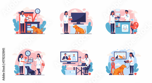 Six panels depicting veterinarians treating and consulting about dogs using various medical technology