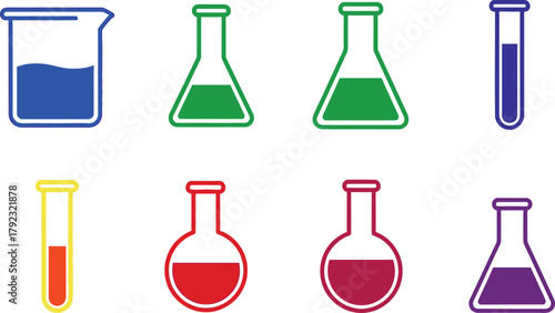 Various laboratory glassware filled with colorful liquids is neatly arranged.