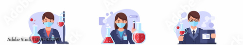 Three cartoon scientists in lab coats and masks with blood samples and lab glassware
