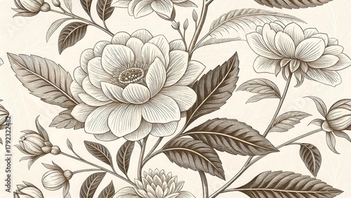 Vintage botanical illustration of blooming hydrangea flowers and leaves in sepia tones