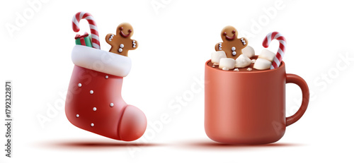 Cute Christmas stocking filled with gifts, candy cane and gingerbread man beside mug of hot chocolate with marshmallows, cozy festive winter holiday dessert scene, vector illustration