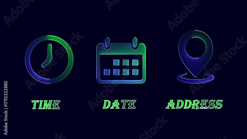 Time date address icons glowing neon for event planning apps isolated on transparent background