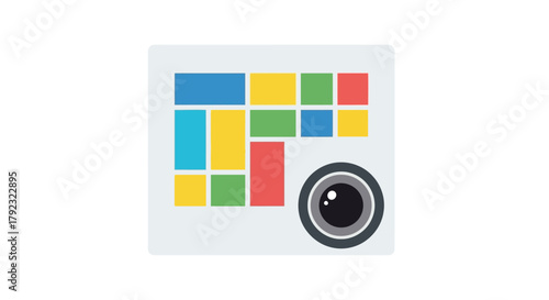 Abstract colorful squares and a camera lens create a visually appealing graphic.