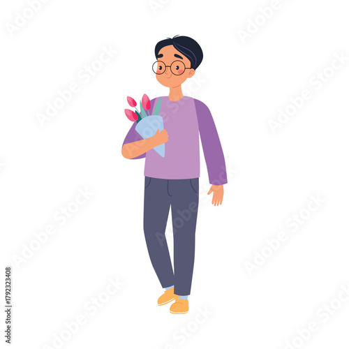 Man Walk and Carry Flower Bouquet Vector Illustration