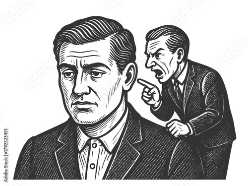 man looking distressed with inner critic, angrily points and yells sketch engraving generative ai fictional character vector illustration. Scratch board imitation. Black and white image.