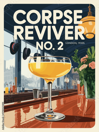 Vintage vector illustration of a Corpse Reviver No. 2 cocktail in a coupe glass on a mahogany bar, set in a 1920s London speakeasy with atmospheric lighting and retro style