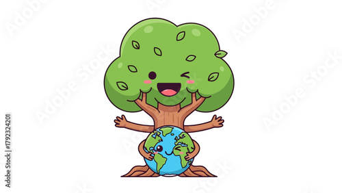 A cartoon tree hugs the Earth with a smiling face