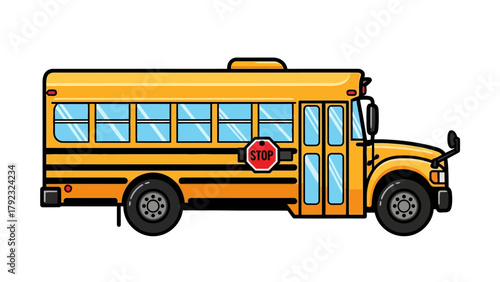 A cartoon yellow school bus with a stop sign on its side