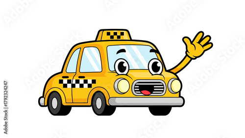 A cartoon yellow taxi with eyes a mouth and a waving arm