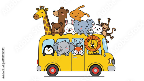 A cartoon yellow school bus filled with various animals