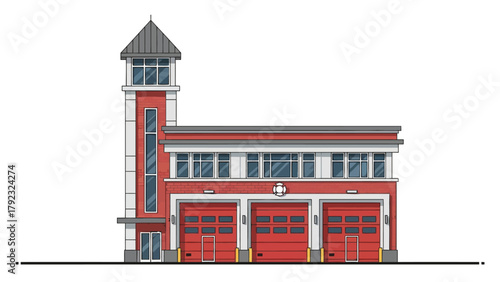 A cartoonstyle illustration of a red brick fire station with a tower and three garage doors