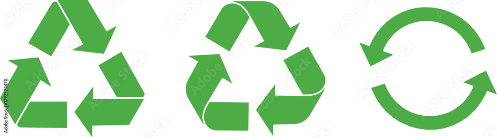 Obraz premium Three green recycling symbols and circular arrows on white background reuse