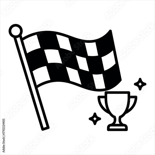 Waving checkered flag on a pole line art isolated on transparent background