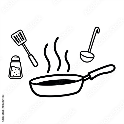 Black and white vector illustration of a sizzling frying pan isolated on transparent background
