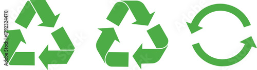 Three green recycling symbols and circular arrows on white background reuse