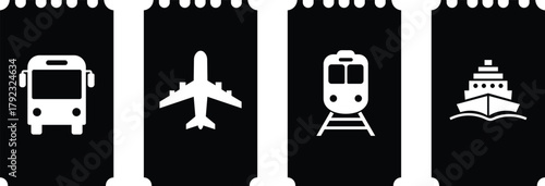 White icons of bus airplane train and ship on black tickets vector