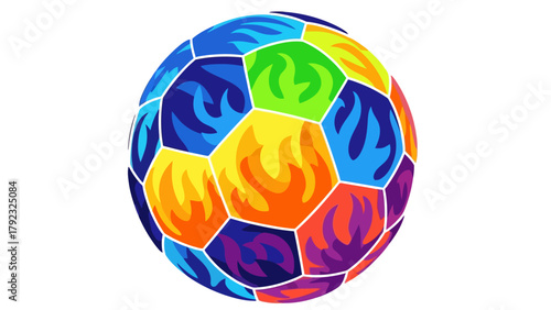 A colorful soccer ball with flame designs on its panels