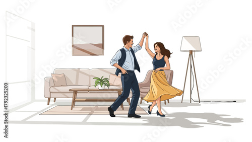 A couple dances joyfully in a sunlit living room