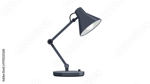 A dark gray adjustable desk lamp with a lit bulb set against a white background