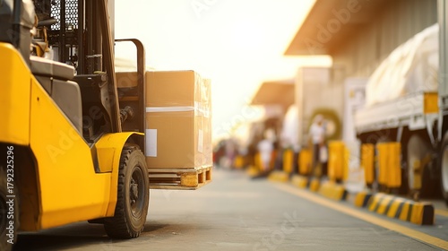 Yellow forklift carrying a cardboard box, at a loading dock with warm sunlight, low-angle view, copy space
