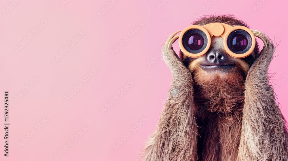 Naklejka premium A sloth wearing oversized glasses poses against a pink background. The sloth has a furry brown coat and a playful expression, showcasing its unique features.