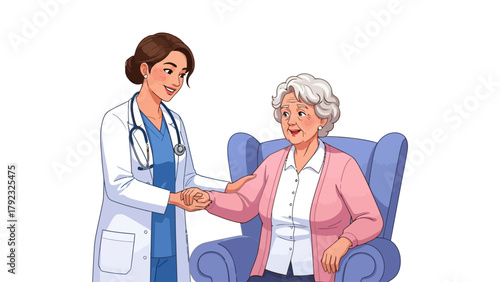 A doctor with a stethoscope shakes hands with an elderly woman in a chair