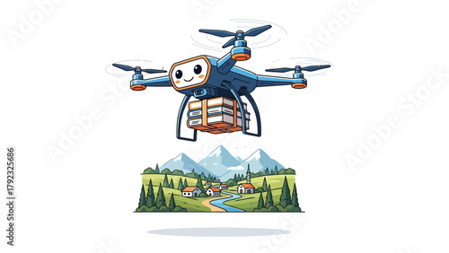 A drone delivers books to a village nestled in a mountain valley