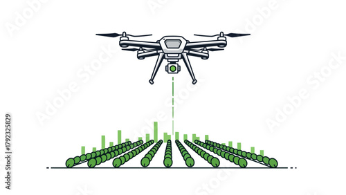 A drone hovers above rows of green plants with vertical bars