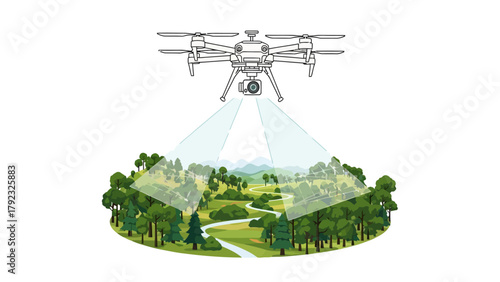 A drone hovers above a forest with a winding river and rolling hills