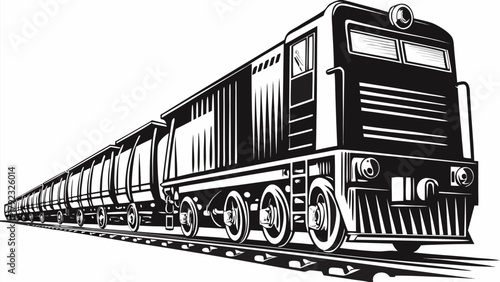 Powerful black and white train locomotive hauling freight cars for industrial transport solutions