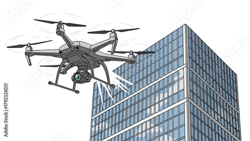 A drone hovers near a modern glasspaneled building