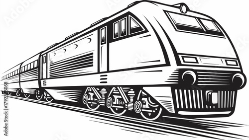 Sleek, modern passenger train speeding along tracks, capturing dynamic travel and adventure