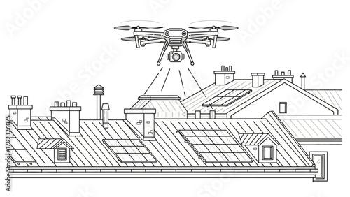 A drone hovers over a cityscape of rooftops scanning the scene