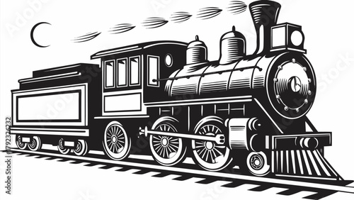 Vintage steam locomotive powering forward with smoke billowing under a crescent moon